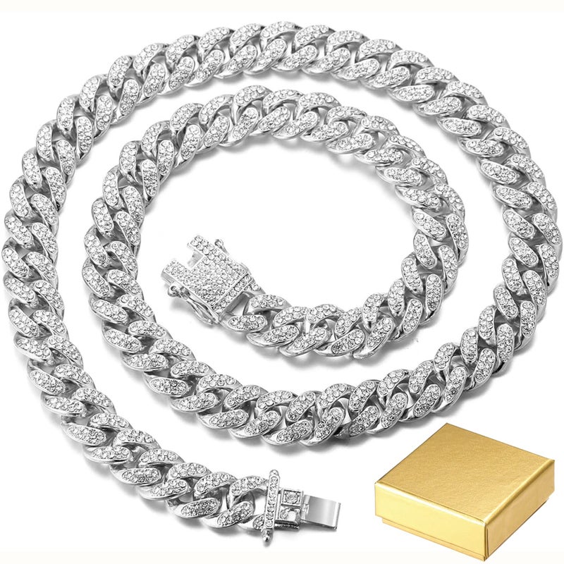 Halukakah Gold Chain Iced Out for Men,14MM Miami Cuban Link Chain Choker Necklace 18In(45cm) Platinum White Gold Finish,Full Cz Diamond Prong Set,Gift for Him - Image 1